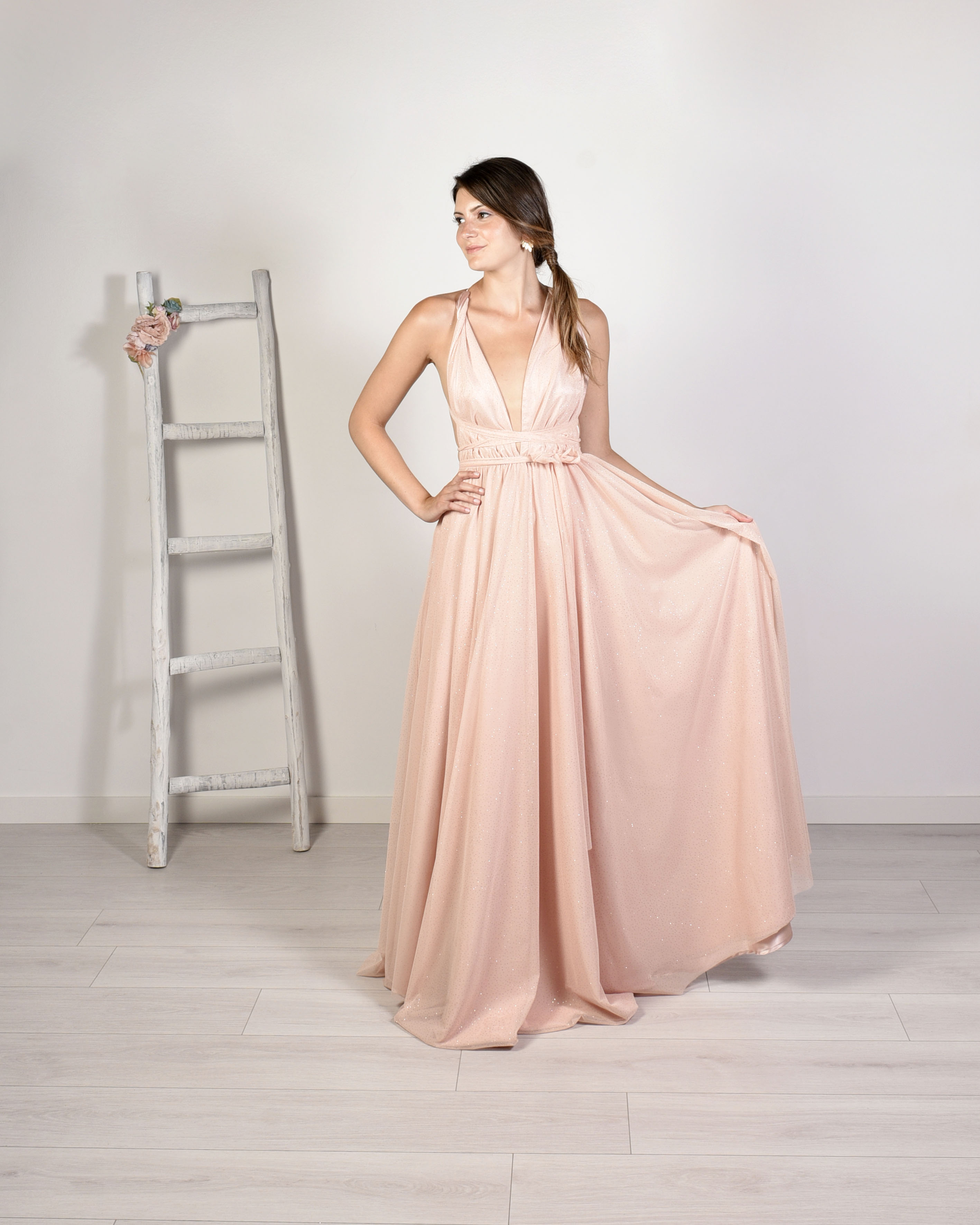 Vestido MULTIPOSICION SALMON BRILLANTE – Mabel Galindo