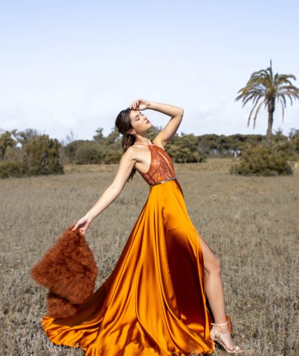 Vestido largo fiesta mujer ocre